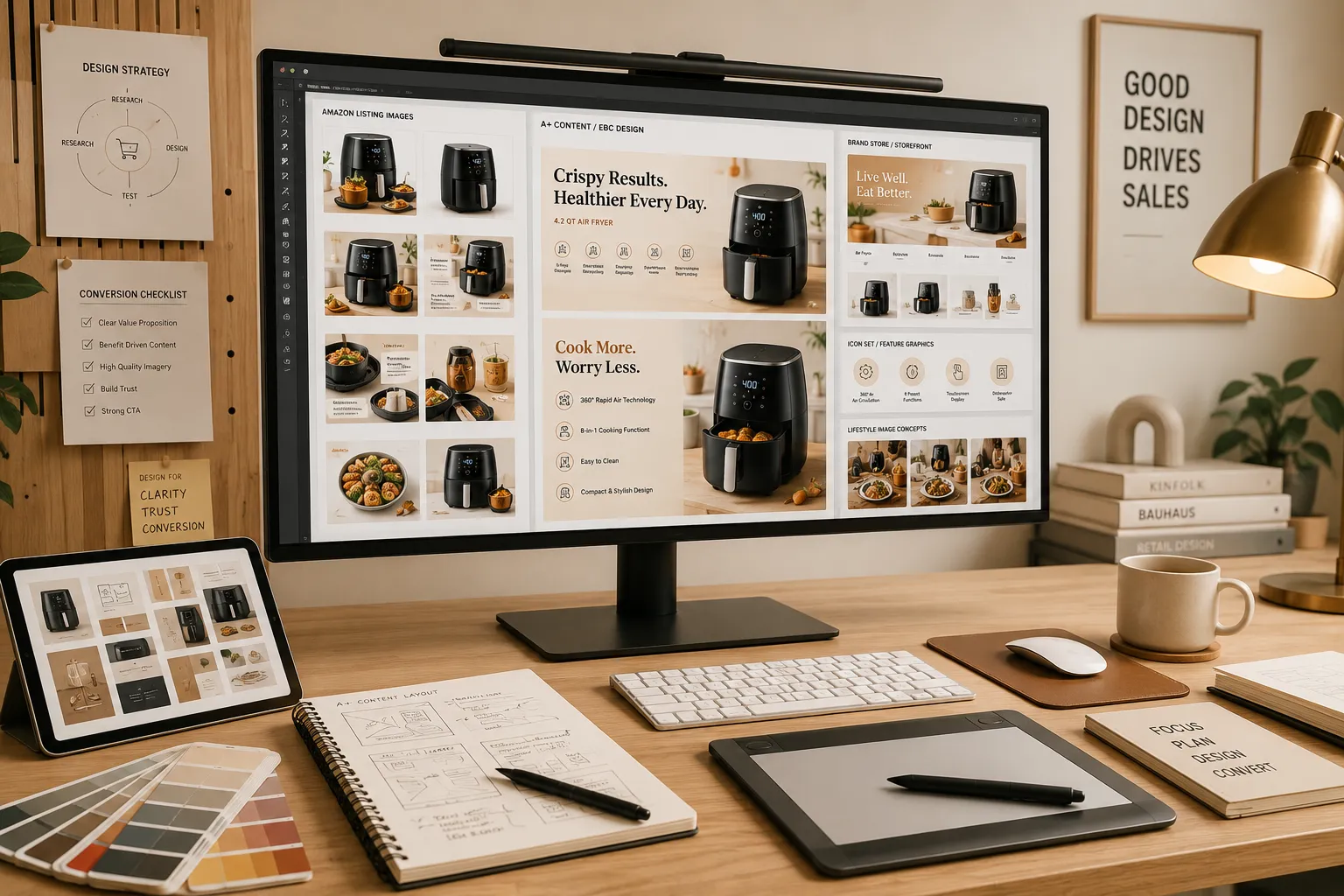 Illustration representing Amazon listing image and A+ content design work